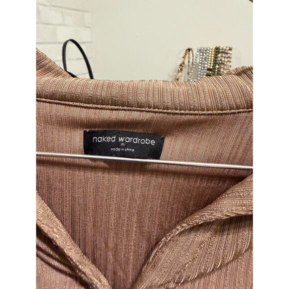 Naked Wardrobe Mocha Button Up Crop Top Ribbed Stretch Long Sleeve Womens Medium - Picture 4 of 4